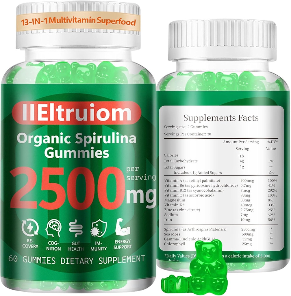 Ecológico Blue Spirulina Chlorella Gummies, 13-in-1 Super Greens & Superfoods, Spirulina 2500mg Enhanced Daily Energy with Sea Moss, Chlorophyll, GLA, Gluten Free, 60 Vegan Gummies