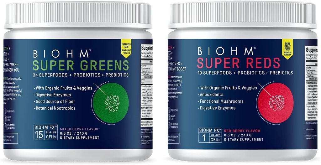 BIOHM Super Rojos y Verdes Bundle, Superfood Powder con Probióticos y Enzimas Digestivos, Empaquetado con Antioxidantes y Polifenoles, Allergen Free, Non-GMO, Vegan - 30 Serviciones Cada