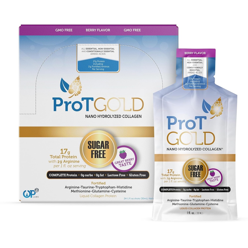 ProT Gold Liquid Collagen Protein Shot, 17g Clear Protein Nano-Hydrolyzed Grass Fed Collagen, 2g Arginine for Wound Support, Gluten Free, Sugar Free, 0g Carbs, Non GMO, Berry, 1 fl oz, 24 Pack