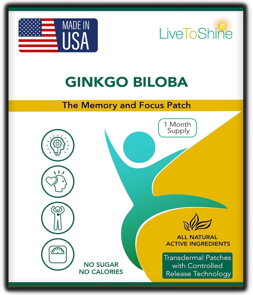 Live To Shine Ginkgo Biloba Patch - 30 Gingko Transdermal Patches - Un mes de suministro para mujeres y hombres - USA Made