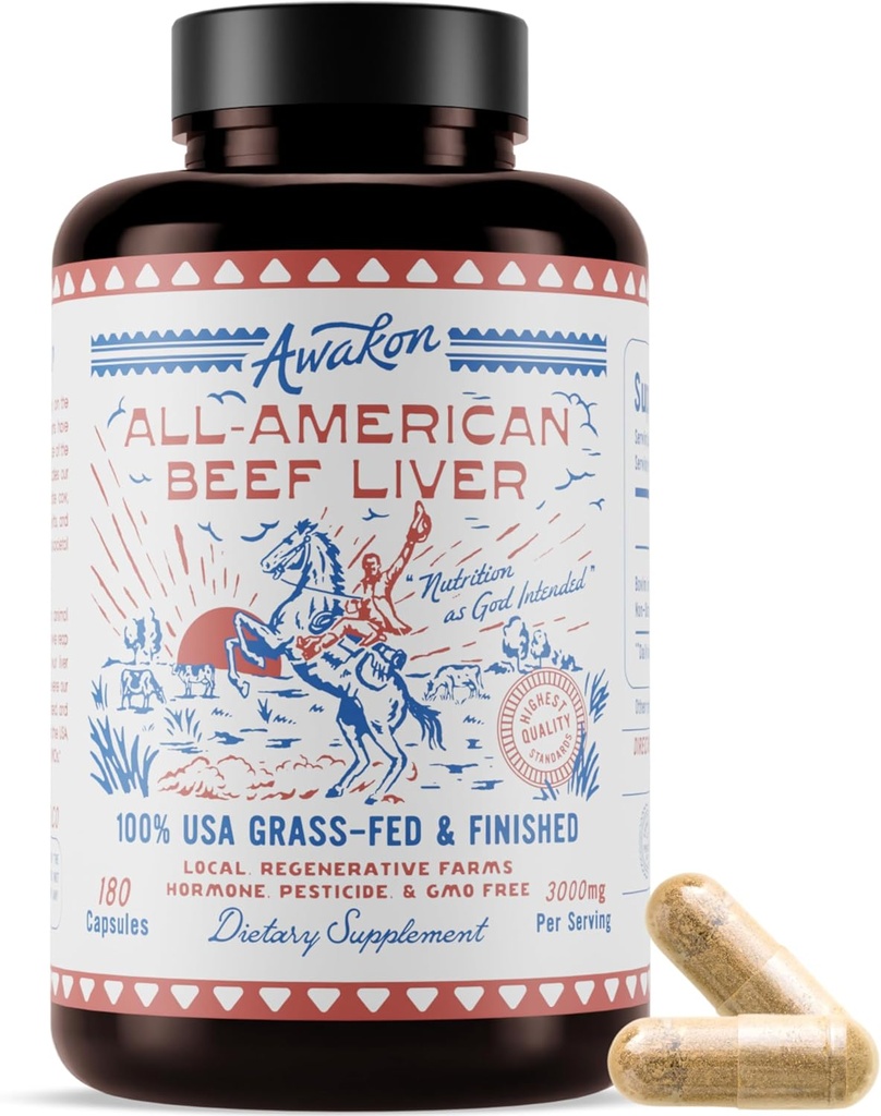 All American Beef Liver Capsules  100% USA Grass Fed Pasture Raised ← No GMO, Hormona Gratis ← Inmunity, Digestion, Energy, w/Vitamin A, Natural Heme Iron, B-12 ← Freeze Dried (180ct, 3000mg)
