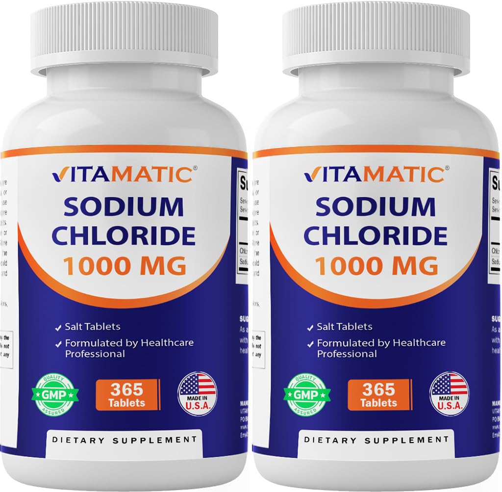 Vitamatic Sodium Chloride 1000mg – 365 Tablets -2 Bottles Electrolyte Replenisher & Hydration Support – Non-GMO, Gluten-Free