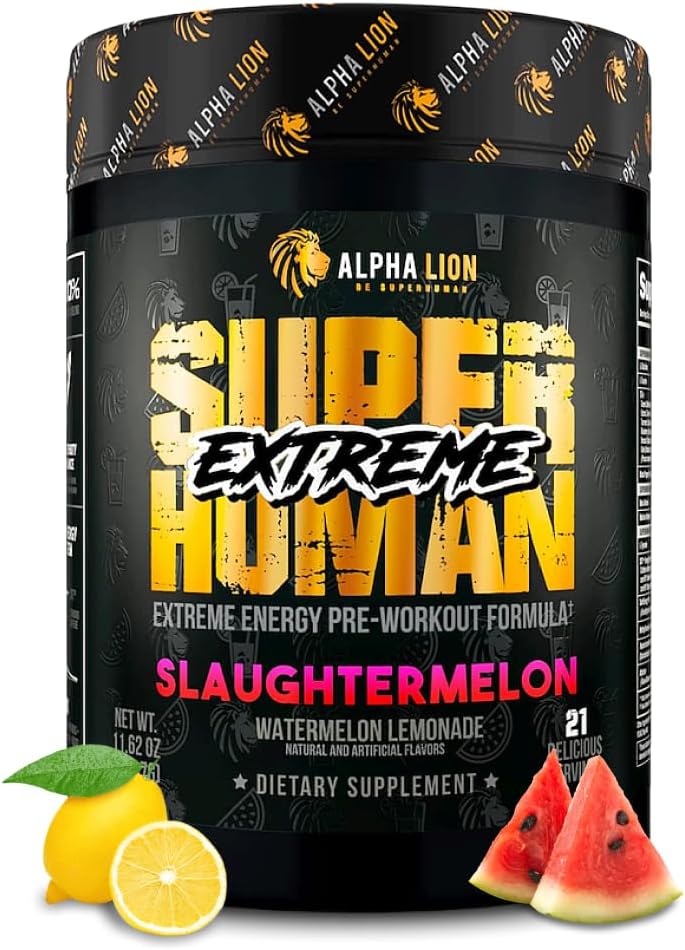 ALPHA LION Superhuman Extreme High Stim Pre Workout Powder, Beta Alanine, L-Taurine &amp; 356mg Tri-Source Caffeine for Sustained Energy, Nitric Oxide & Citrulline for Pump (21 Servings, Slaughtermelon)