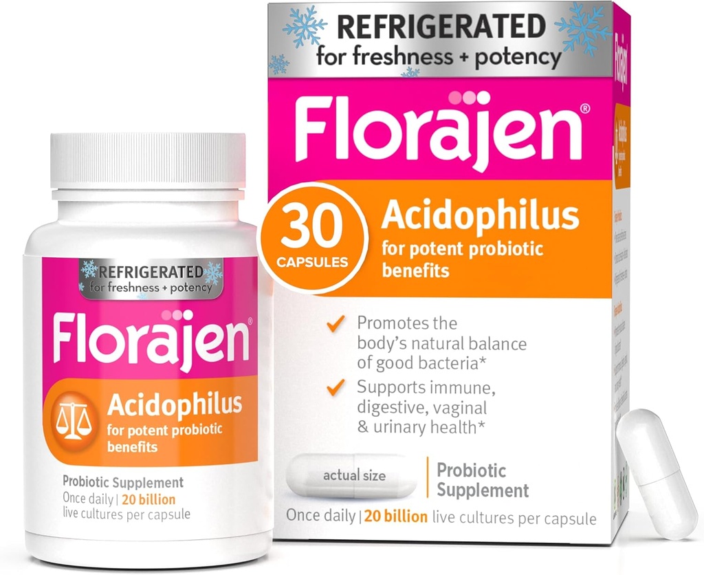 Florajen Acidophilus Probiotics, Gut Health, Vaginal Health, and Immune Support Supplement, Constipation and Bloating Relief for Adults, 30 Capsules (Refrigerado)