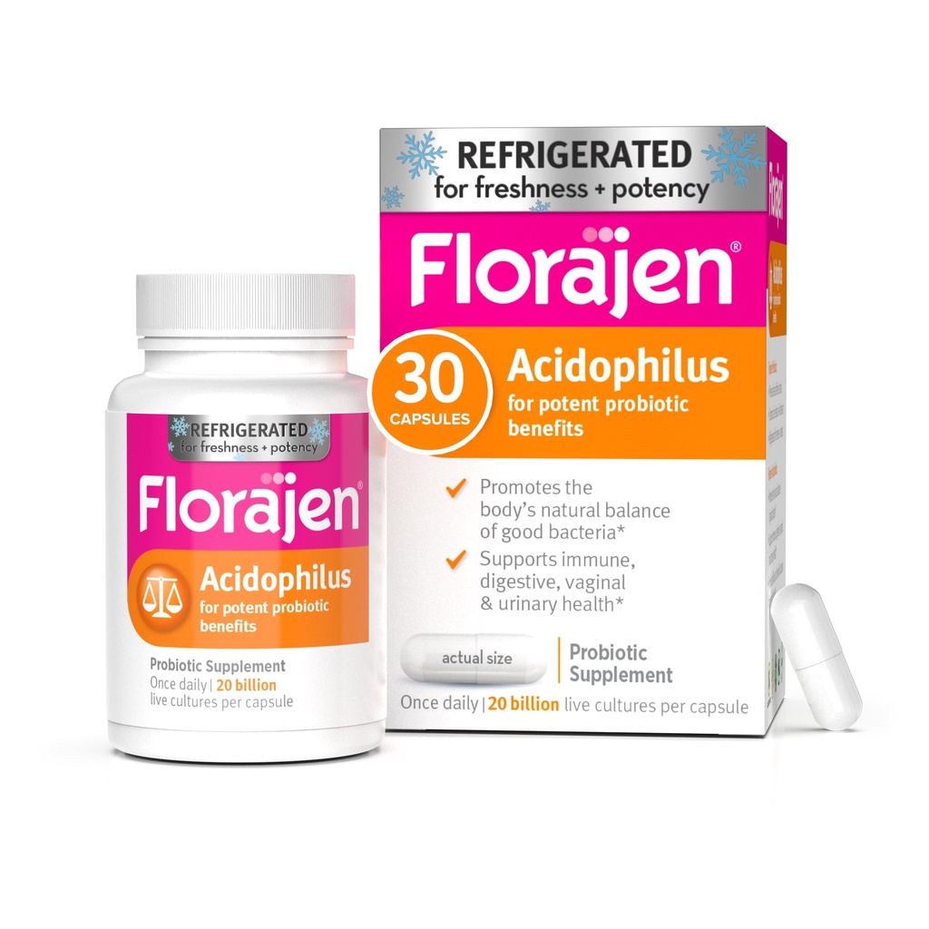 Florajen Acidophilus Probiotics, Gut Health, Vaginal Health, and Immune Support Supplement, Constipation and Bloating Relief for Adults, 30 Capsules (Refrigerado)