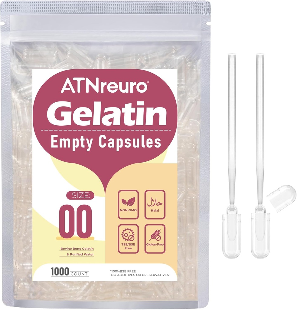 Tamaño 00 Empty Gelatin Capsules con 2 Micro Spoons - 1000 Conde Empty Clear Capsule - Gel Pill Capsules para Powders Suplementos