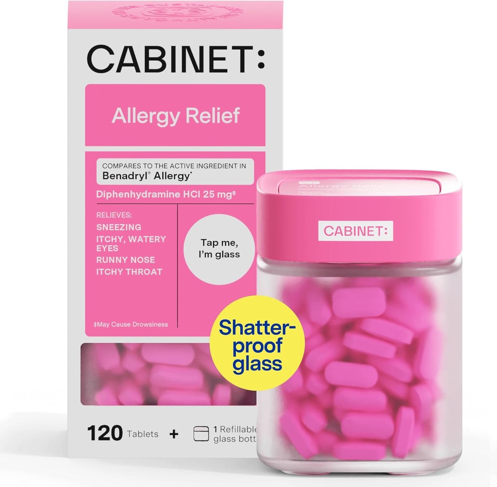 Armario: Diphenhydramine 25mg Alivio de la alergia Tablas antihistamínicas para las alergias, Hay Fever y Runny Nose, 120 Tabletas (Botella de vidrio recargable)
