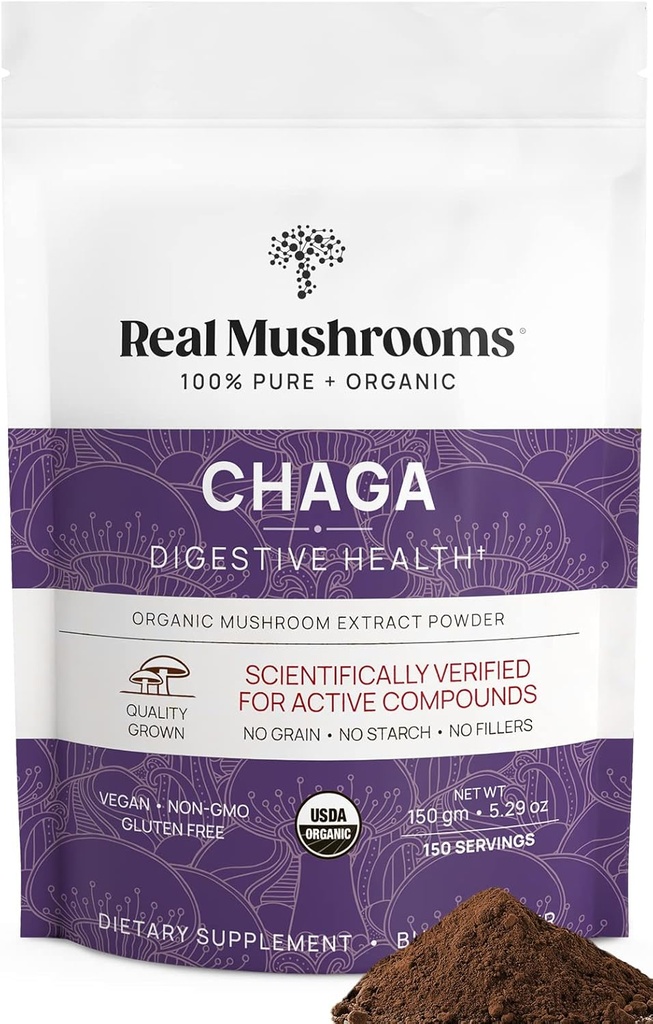 Mushrooms reales Chaga Mushroom Powder – Orgánica Chaga Extracto del Cuerpo de Fruto – para Wellness & Energy Support – Vegan, Non-GMO, 150 Servimientos – Suplemento de Mushroom para uso diario