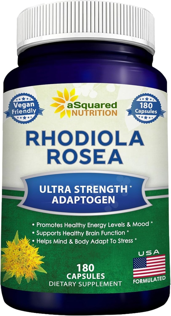 aSquared Nutrition Rhodiola Rosea Supplement 1000mg - 180 Vegan Capsules - Max Strength Rhodiola Root Extract Pills Mejorar la energía pura, Función cerebral & Stress Relief -Golden Root Herb Powder Tablets