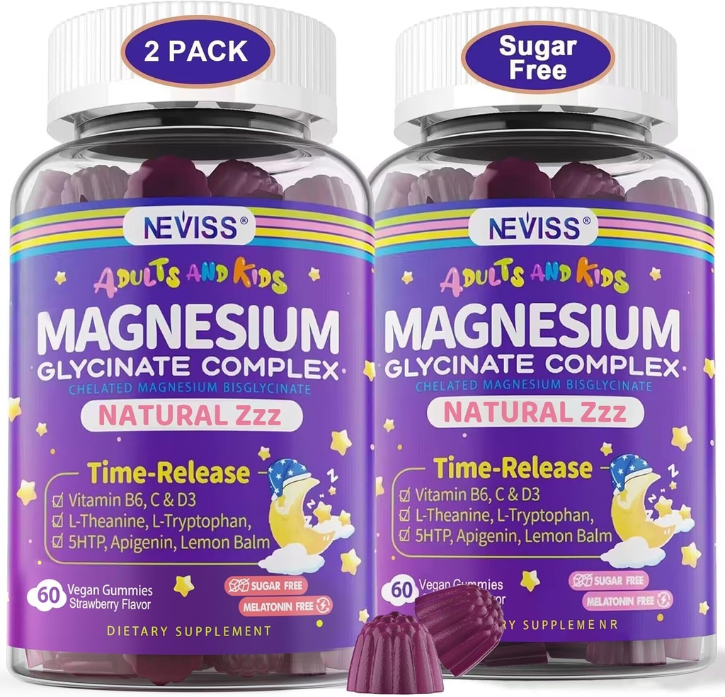 Magnesium Glycinate Gummies for Adults &amp; Kids 4+, Sugar Free Magnesium Bisglycinate Supplement 400/200mg with B6D3, 5HTP, L-Theanine for Sleep & Relax, Brain, Muscle, Melatonin Free Gummies,2Pack