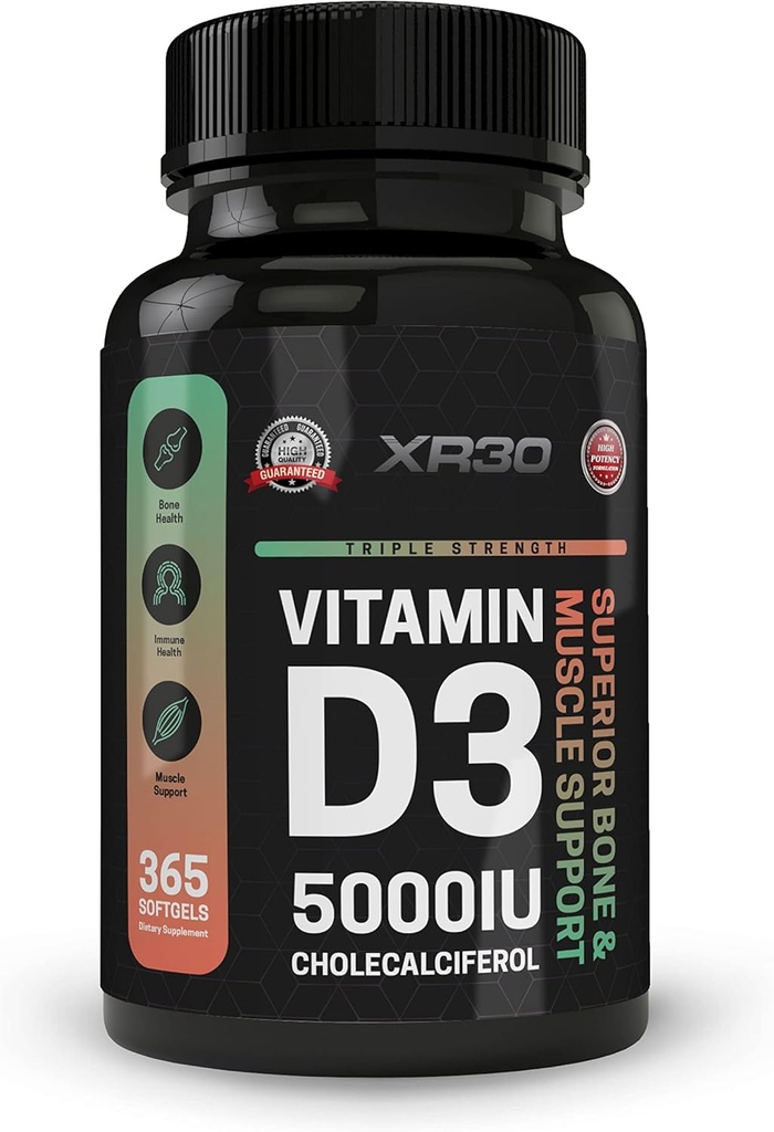 Vitamina D3 5000IU Cholecalciferol - Bono Superior & Muscle Support - 365 Softgels - Hecho en EE.UU.