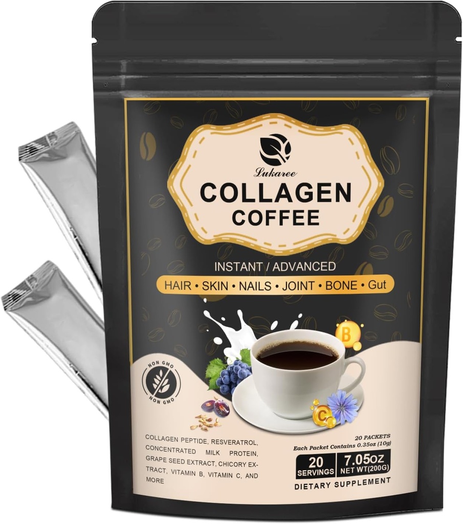 Café Lukaree Collagen con vitamina B7, B9, pólvora instantánea Collagen con reseratrol, vitamina C, carnosina para el cabello, piel, uñas, huesos