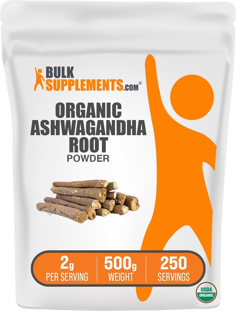 BulkSupplements.com Orgánica Ashwagandha Powder - Suplementos de Ashwagandha Orgánica, Fuente de Ashwagandha Root - Gluten Free, 2g por Serving, 500g (1.1 lbs) (Pack of 1)