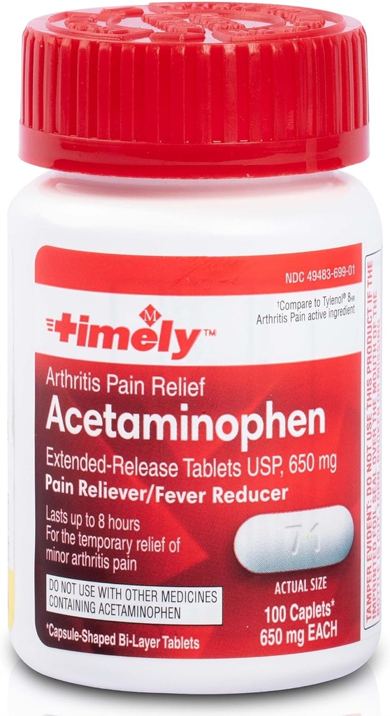 TIME-CAP LABS, INC. Timely Acetaminophen 650 Mg Extended Release - Fever Reducer, Arthritis Pain Reliever, Joint Pain Relief Pills - 100 Caplets