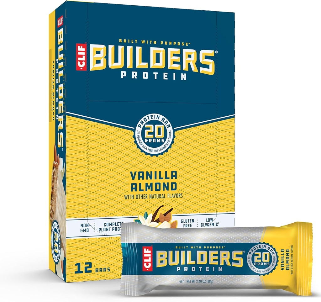 CLIF BUILDERS Protein Bares - Vanilla Almond Flavor - 20g Plant Based Protein - Gluten Free - Non-GMO - Low Glycemic - No Artificial Sweeteners - 2.4 oz. (12 Pack)