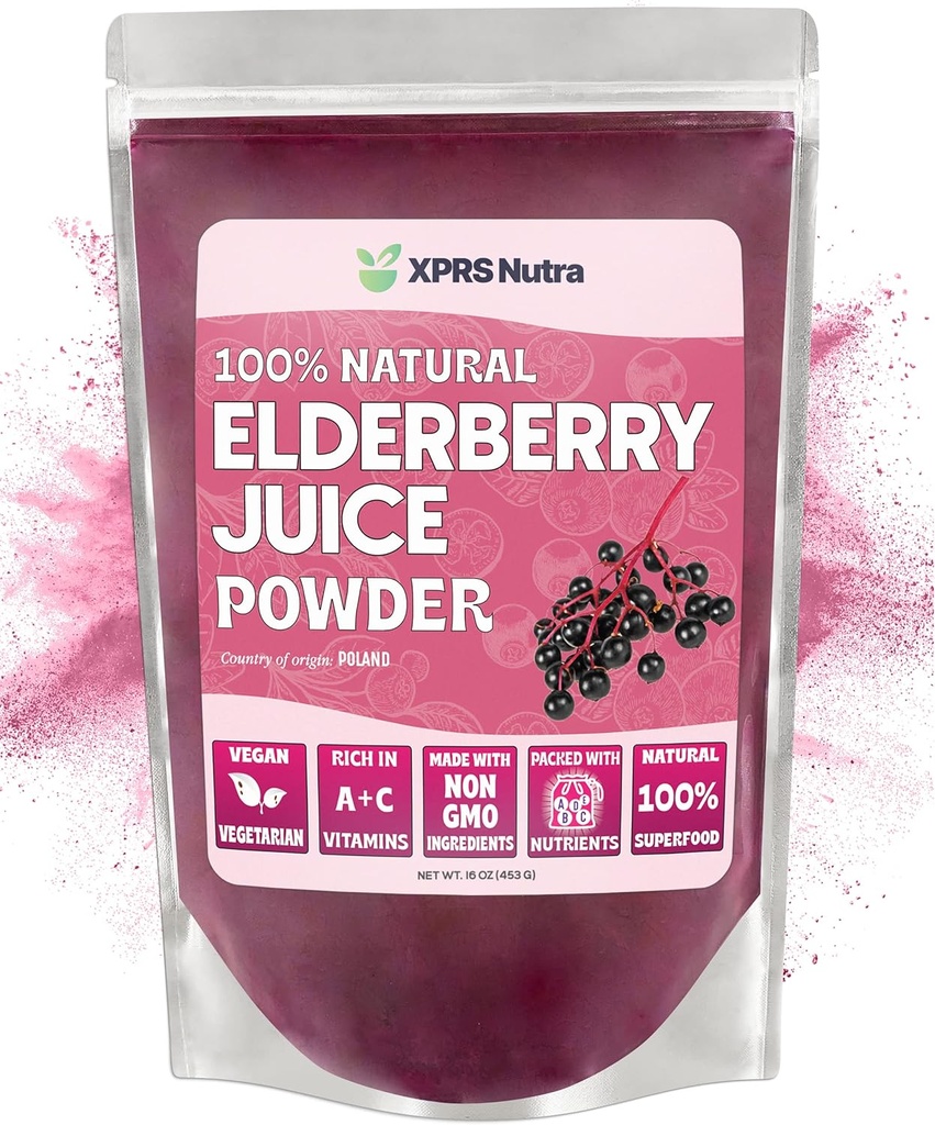XPRS Nutra Elderberry Juice Powder - Elderberry Powder Organic Fruit Juice Mix - Powdered Elderberries Suplemento Rico en Vitaminas A y C (16 oz)