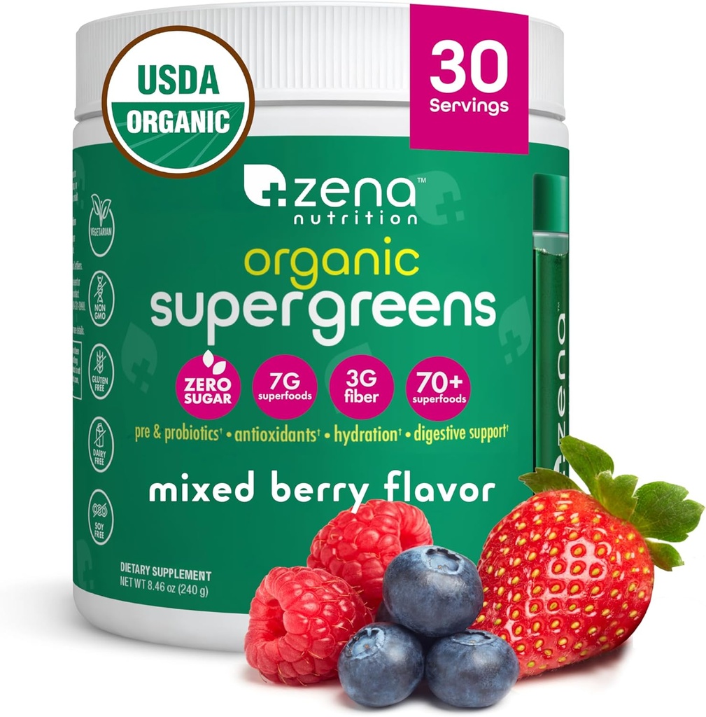 Zena Nutrition Organic Super Greens Powder, 70+ Superfoods, 0 Sugar, 3G Fiber, Spirulina, Clorella, Antioxidantes, Prebióticos/Probióticos, Enzimas digestivos, Berry mixto, 30 Servimientos
