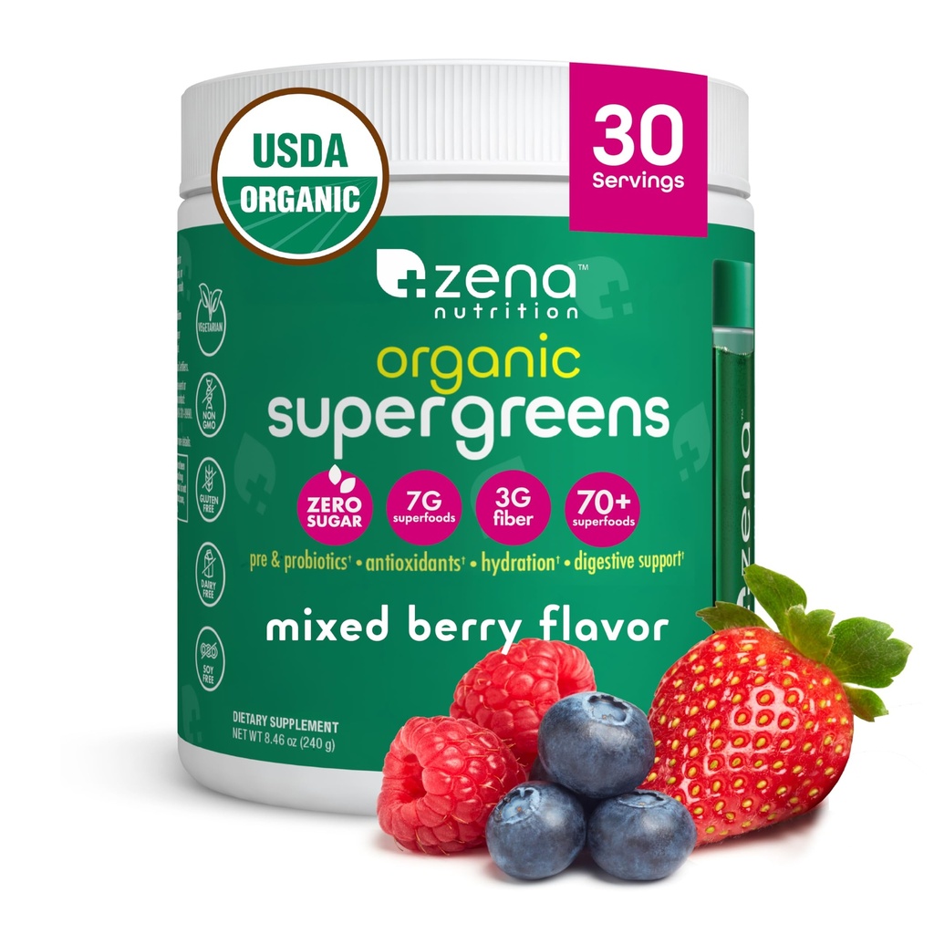 Zena Nutrition Organic Super Greens Powder, 70+ Superfoods, 0 Sugar, 3G Fiber, Spirulina, Clorella, Antioxidantes, Prebióticos/Probióticos, Enzimas digestivos, Berry mixto, 30 Servimientos