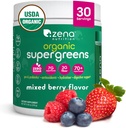 Zena Nutrition Organic Super Greens Powder, 70+ Superfoods, 0 Sugar, 3G Fiber, Spirulina, Chlorella, Antioxidants, Prebiotics/Probiotics, Digestive Enzymes, Mixed Berry, 30 Servings