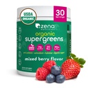 Zena Nutrition Organic Super Greens Powder, 70+ Superfoods, 0 Sugar, 3G Fiber, Spirulina, Clorella, Antioxidantes, Prebióticos/Probióticos, Enzimas digestivos, Berry mixto, 30 Servimientos
