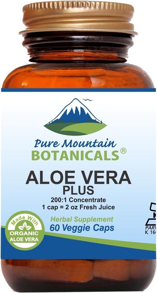 Pure Mountain Botanicals Aloe Vera Plus Capsules. 200:1 Extract. Kosher Organic Dried Aloe Vera Gel, Marshmallow Root, Slippery Elm