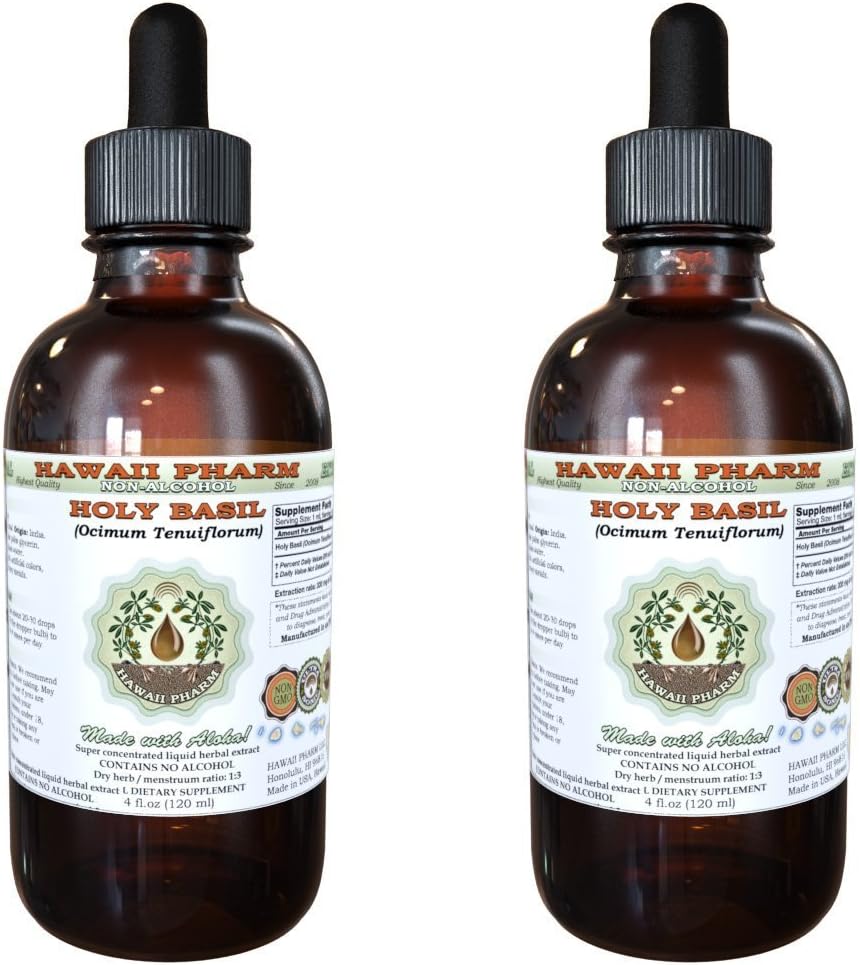 Sagrado extracto líquido libre de alcohol, Orgánica Santa Basil (Ocimum tenuiflorum) Hoja seca Glycerite Hawaii Pharm Natural Herbal Suplemento 2x2 oz
