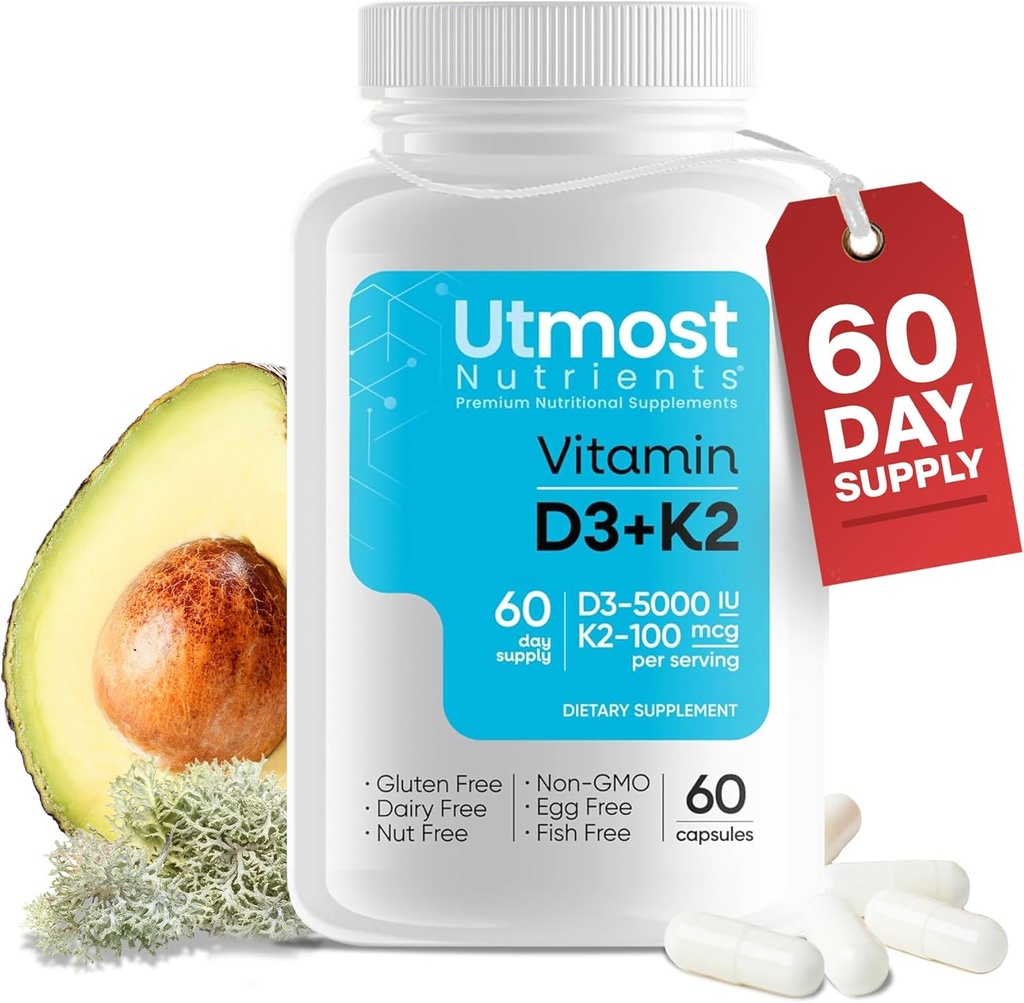 Vitamina D3 con K2-5000iu Vitamina D y 100 mcg Vitamina K Suplemento en una cápsula para la biodisponibilidad máxima - Mejora la absorción de calcio para la salud cardiovascular, inmunitaria y ósea (60 cápsulas)