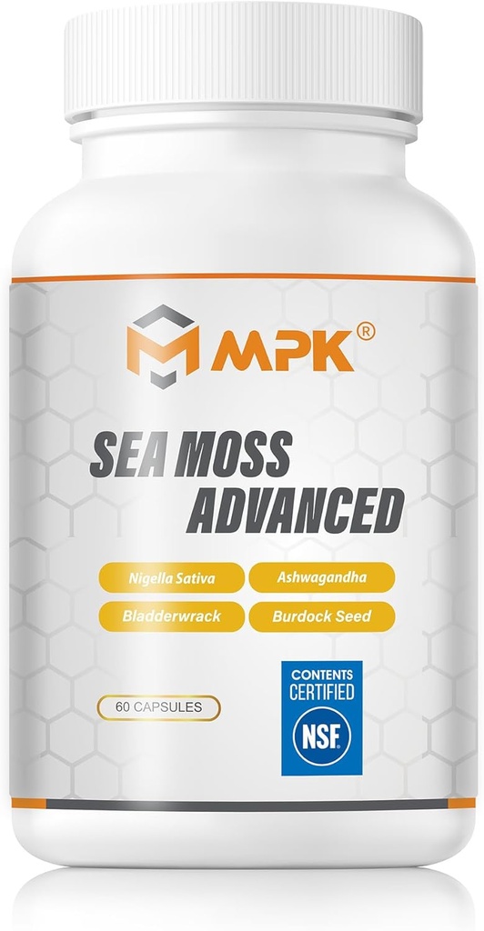 MPK 3000 mg Sea Moss Advanced Ashwagandha,Bladderwrack, mar Moss Black Seed Oil ashwagandha gingerBurdock Root Sea Moss Black Seed Oil Ashwagandha Ginger(60 cápsulas, Coastal Flavor)