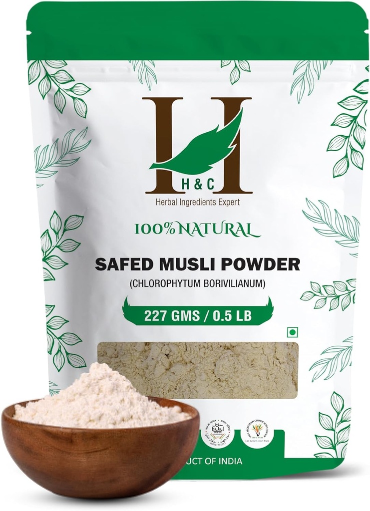 100% Natural Wild Cultivated Safed Musli Powder - Chlorphytum Borivillianum 227 GMS / 1/2 LB Libra / 08 Oz - Procesada en la planta registrada de la FDA (un suplemento de salud 100% natural)