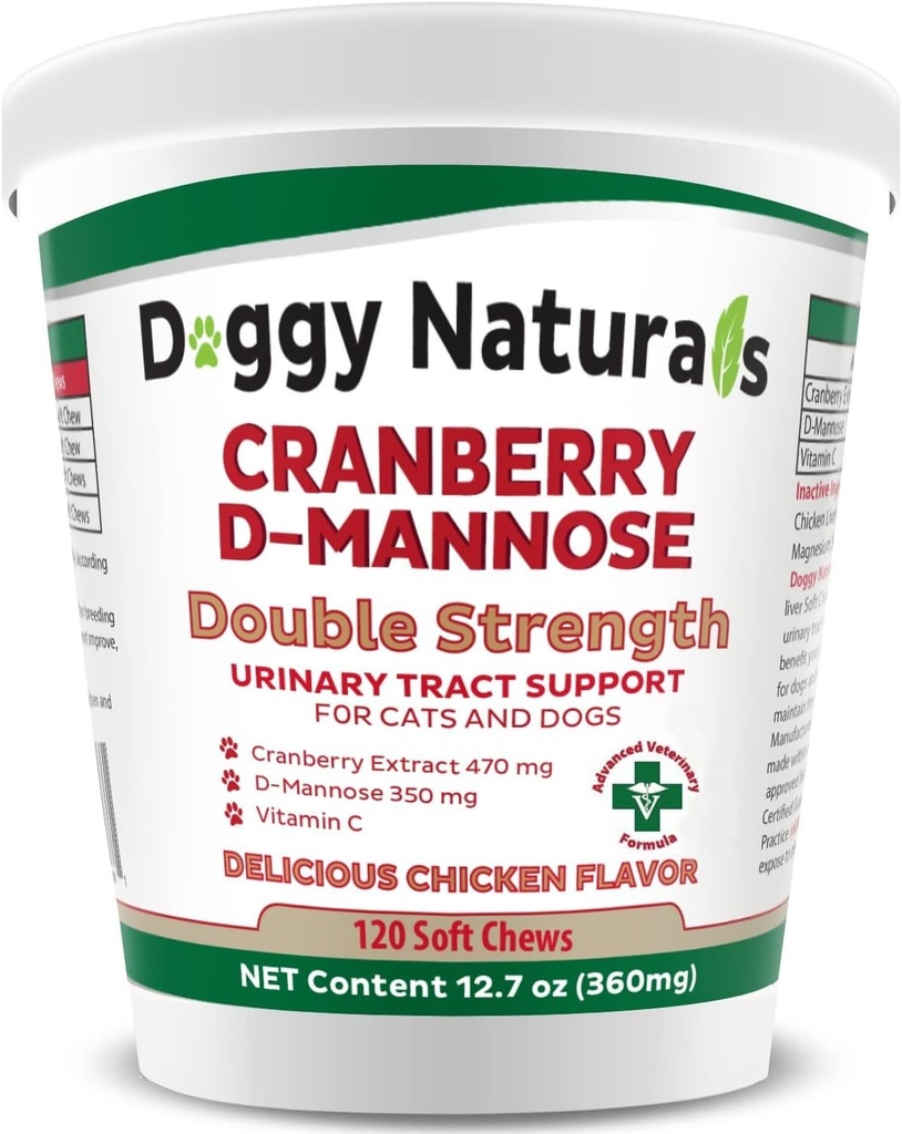 Cranberry D-Mannose for Dogs and Cats Urinary Tract Infection Support Prevents and Eliminates UTI, Bladder Infection Kidney Support 11.4 oz (Doble Strength Soft Chew, 120 Soft Chew)