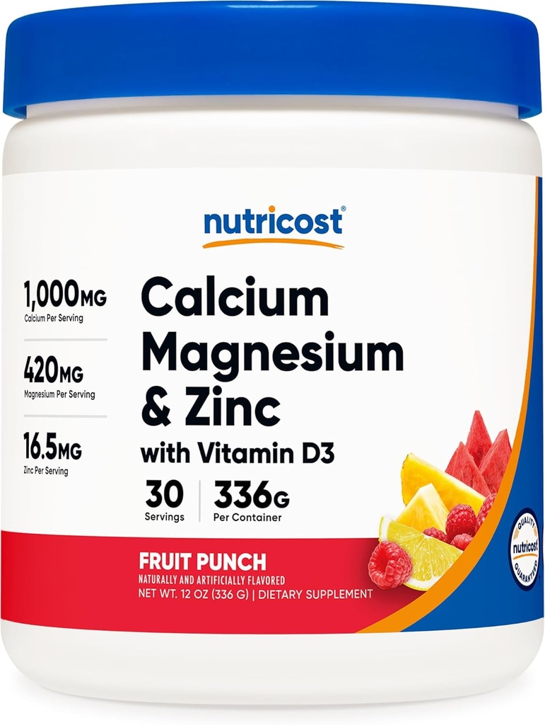 Nutricost Calcium Magnesium Zinc with Vitamin D3 Powder, 30 Servings (Fruit Punch) - Calcium (1000 MG) Magnesium (420 MG) Zinc (16.5 MG) Vitamina D3 (30 MCG) - Gluten Free, Non-GMO