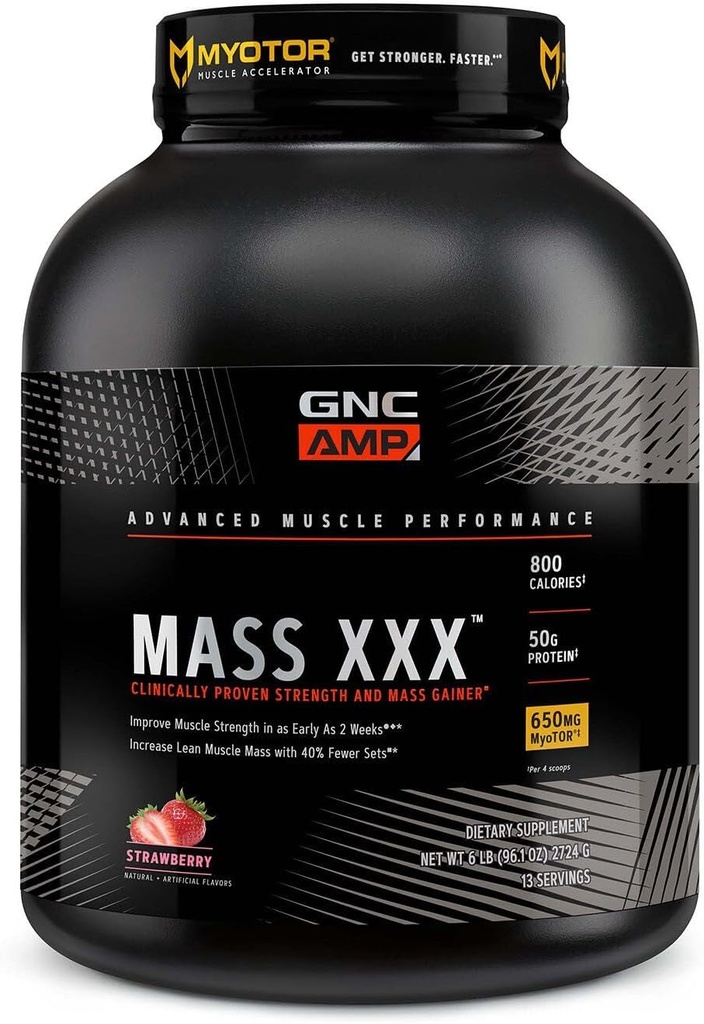 Masa GNC AMP XXX, Powder Protein Protein Protein Protein Protein Protein, Mejora la fuerza y el tamaño, 780 Calories, 50g Proteína, Aminoácidos Micronizados, Creatina, Betaine, Fresa, 13 Serviciones, 6 libras