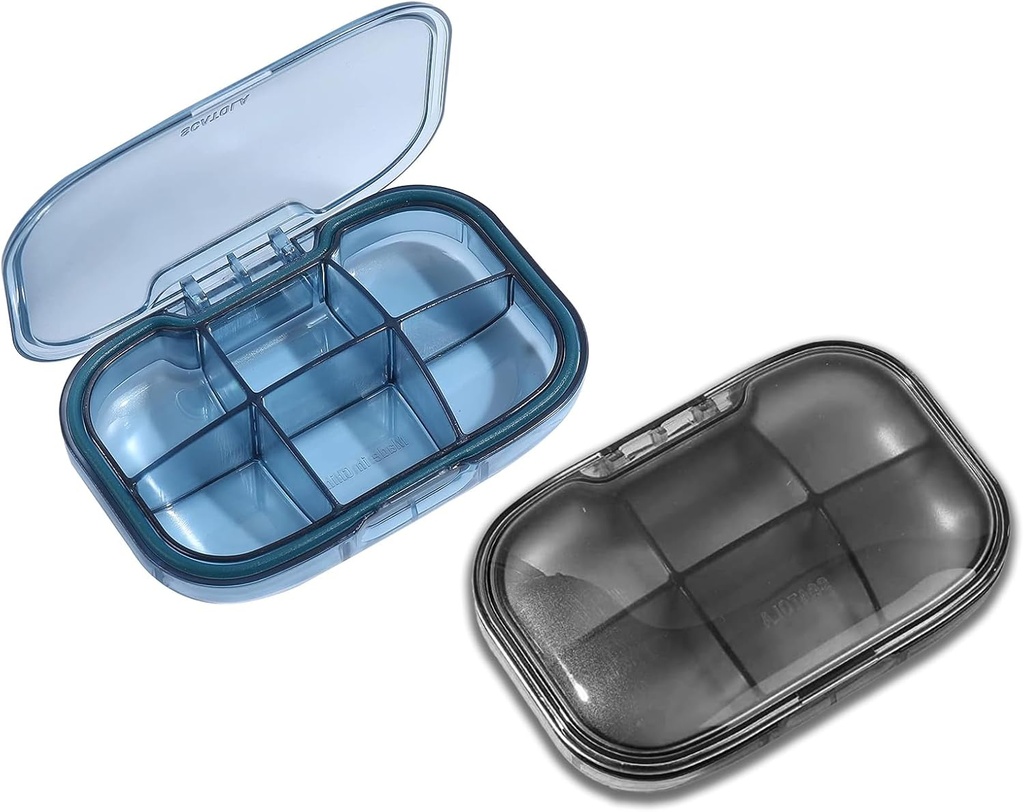 2 Pack 6 Caja de Píldora de Compartimiento, Moisture Proof Pill Case, Travel Pill Organizer for Pocket Purse, Daily Portable Medicine Vitamin Box, Fish Oil Box, Supplement Box (Blue &amp; Black)