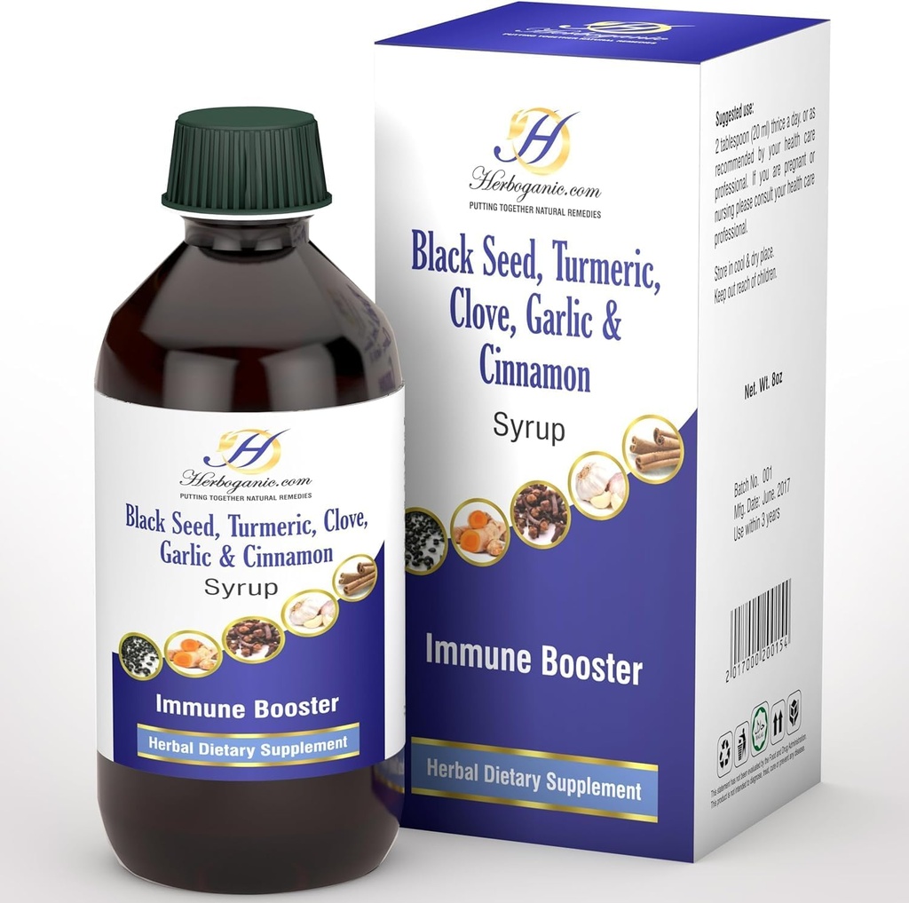 Elderberry Free Immune Support Syrup for Kids and Adults - Perfect Blend of Organic Black Seed, Turmeric, Clove, Cinnamon &amp; Ajo - Toddler Immune Booster Without Organic Elderberry Syrup