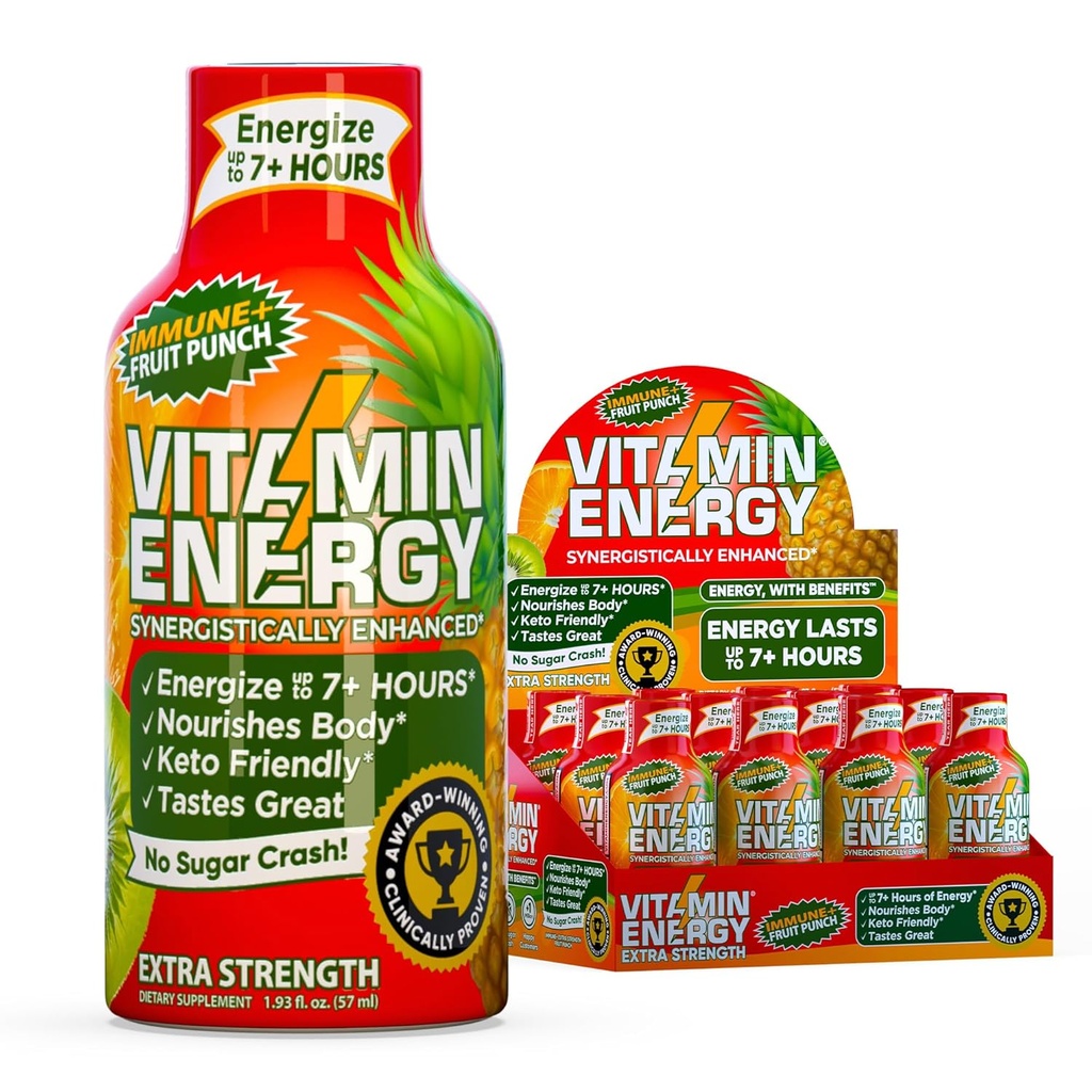 Vitamin Energy Immune+ Extra Strength Energy Shot Fruit Punch 12 Pack, 260mg Natural Caffeine, B-Vitamins, Citicoline, Green Tea, Immunity & Focus Support Zero Sugar, Gluten-Free 1.93 fl oz