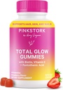 Pink Stork Total Glow Gummies for Women – Hair, Skin & Nails Vitamina con Biotina, Vitamina A, B6, B12, Folate, Zinc &amp; Más – Soporte para la piel radiante, uñas fuertes y el cabello saludable – 60 Gummies de Berry