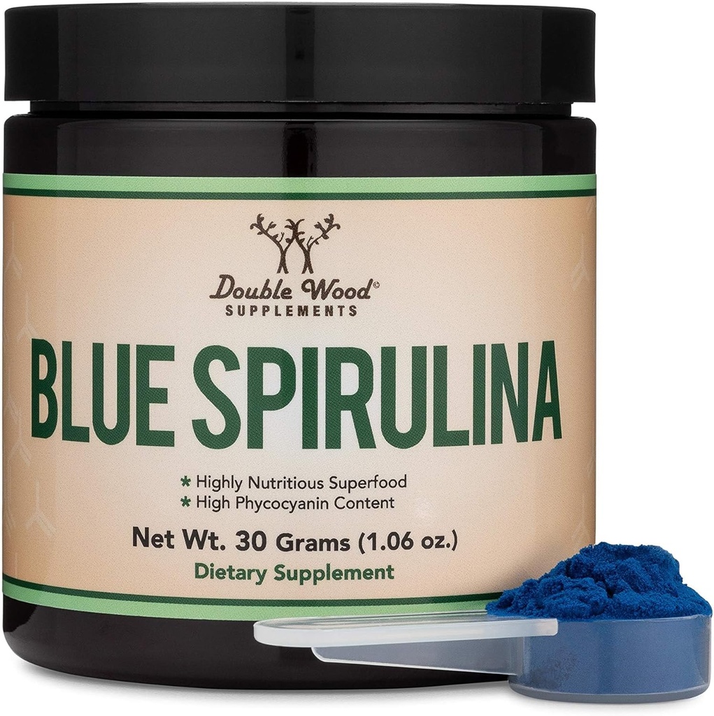 Blue Spirulina Powder - Maximum 35% Phycocyanin Content, Superfood Powder de Alga Azul-Green, Mixes en Smoothies y Bebidas Proteínas, Plant Food Coloring (One Month Supply) por Double Wood