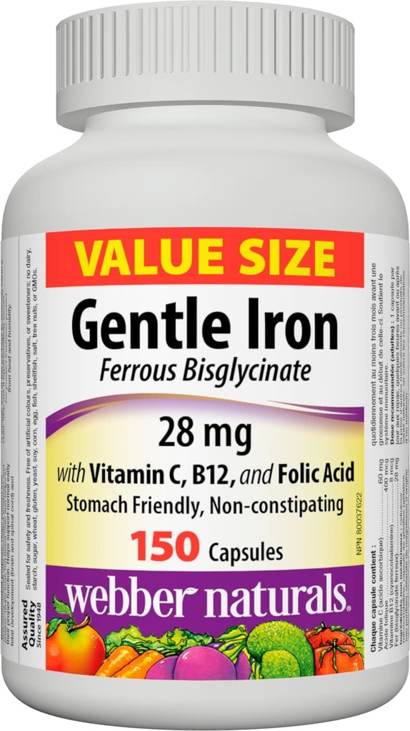 Webber Naturals Gentle Iron Suplemento con vitamina C, B12 y ácido fólico, 28 mg, 150 cápsulas, Stomach-Friendly, Non-Constipating, Helps Prevent Iron Deficiency Anemia