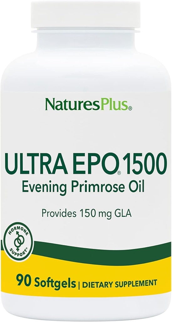 NaturesPlus Ultra EPO 1500 - Aceite Primrose Evening - Soporte Antioxidante Premenstrual y Menopausal - Promueve la piel clara - Gluten Gratis - 90 Softgels, 90 Servings