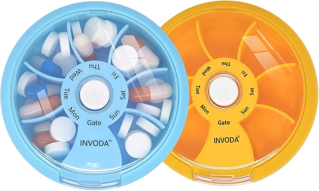 INVODA Organizador semanal de píldoras 7 Caja de píldoras rotativas para medicamentos diarios & vitaminas - Caja de píldoras de viaje portátil Suplementos de aceite de pescado Vitaminas Organizador (Blue+Orange)