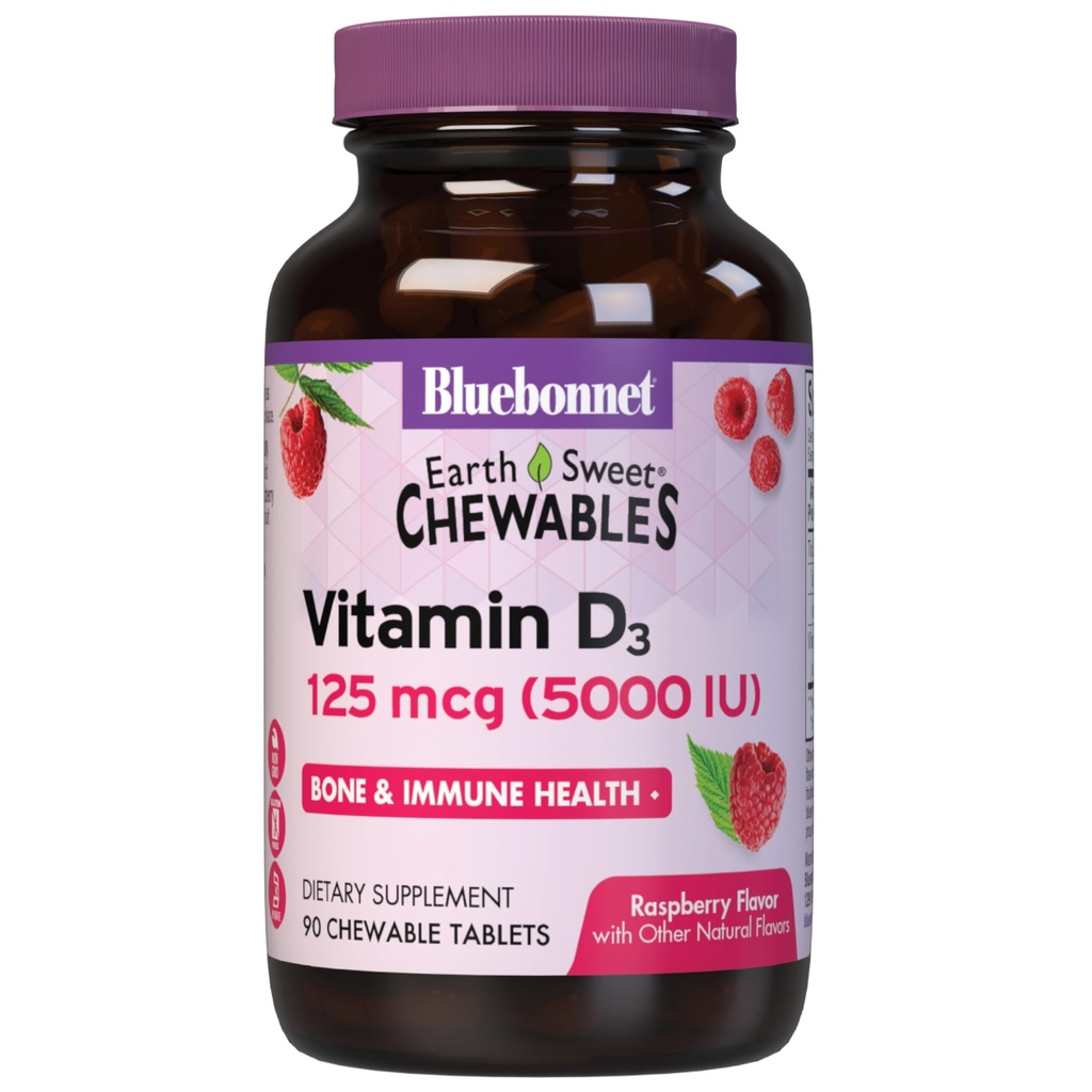 Bluebonnet Nutrition Earth Sweet Vitamin D3 5000 IU Chewable Tablets, Aids in Muscle & Skeletal Growth, Non GMO, Gluten & Soy & Milk Free, Kosher, Raspberry, White, 90 Count