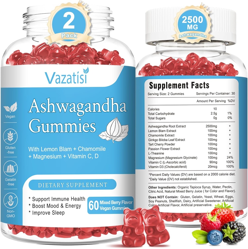 2 Pack Ashwagandha Gummies para Mujeres Hombres, Azúcar Libre Orgánica Ashwagandha Gummies Suplemento para Relax Restore Balance, Vegan Gluten Gratis, 120 Conde