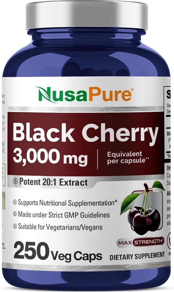 NusaPure Black Cherry Extract 3,000mg 250 Veggie Capsules Max Potency, Non-GMO, Bioperine