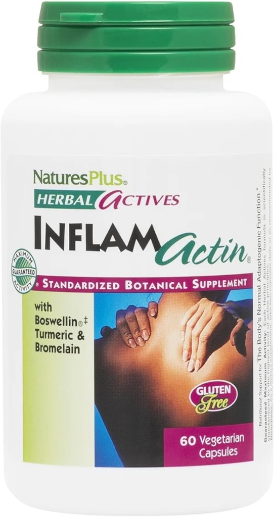 NaturesPlus Herbal Actives InflamActin - 60 cápsulas vegetarianas - Suplemento herbal con Turmeric " Bromelain - Apoyos Función Adaptogénica - Vegan, Gluten-Free - 30 Actuaciones