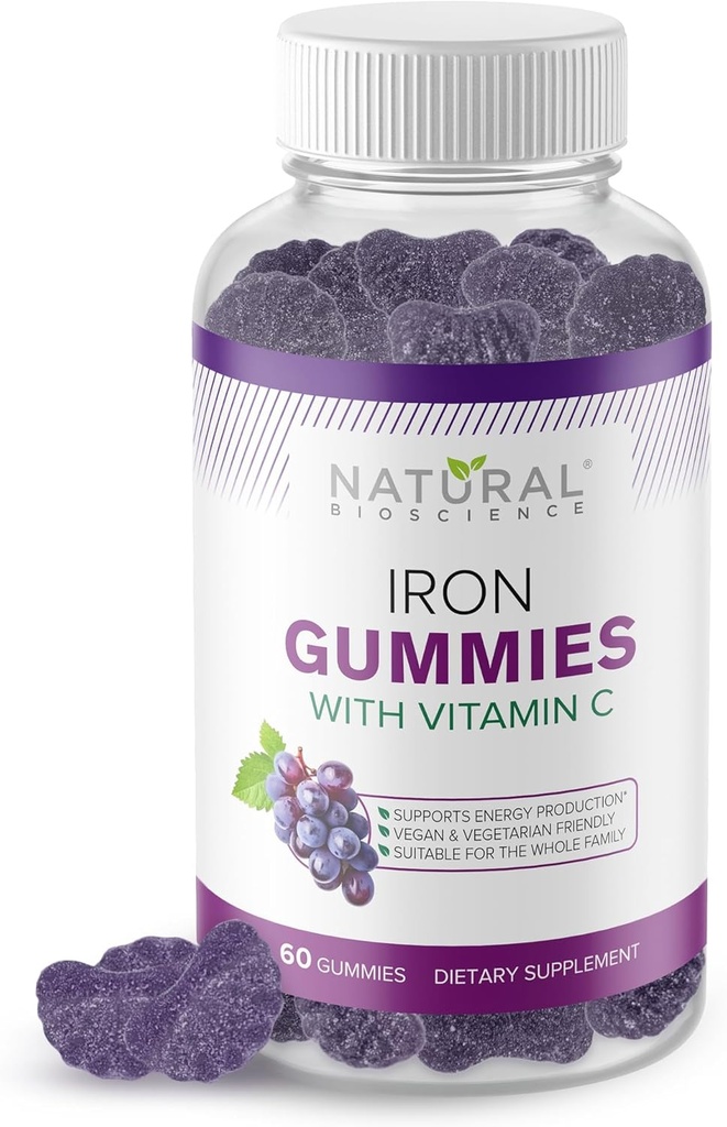 Gummies de hierro con vitamina C - Suplemento de hierro picante para adultos " niños " , anemia por deficiencia de hierro, apoyo de células rojas de sangre, energía, función inmunitaria, salud cerebral, absorción máxima, 60 gomas veganos
