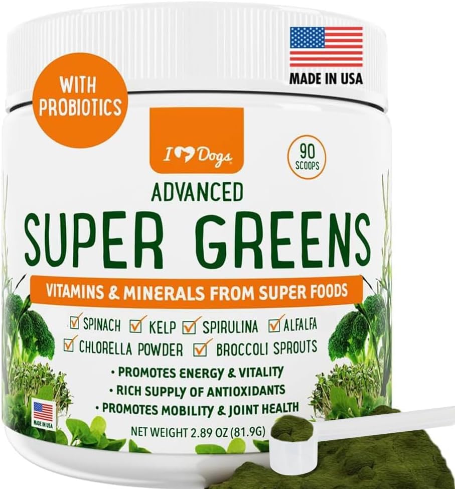 iHeartDogs Super Greens for Dogs with Broccoli Sprouts & Spirulina Powder - Seasonal Allergy &amp; Immune Support Dog Greens Powder - Vitaminas, Antioxidantes & Minerals Suplemento para Perros