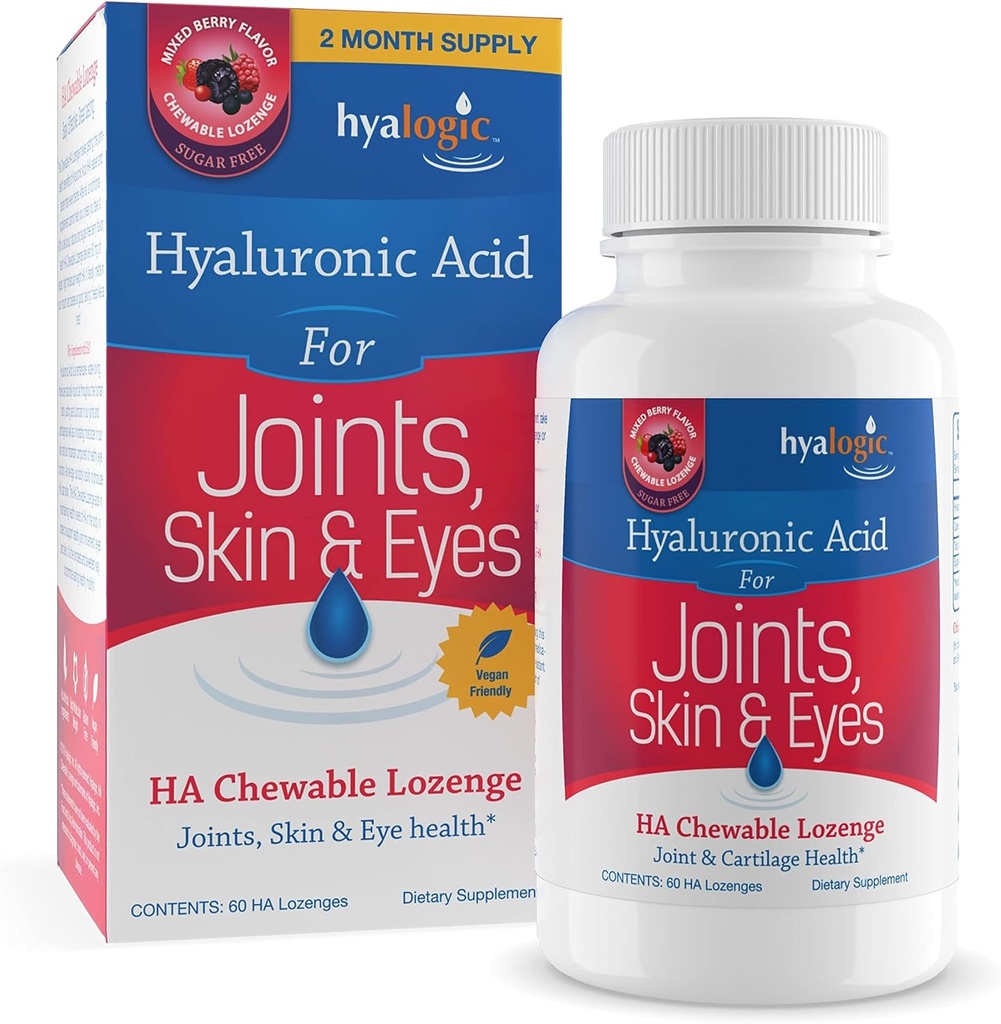 Hyalogic Hyaluronic Acid Chewable Lozenge - Chewable Tablets for Skin Care & Eyes – Vegan, Sugar-Free and Berry Favored Hyaluronic Acid Supplements (60 Count)