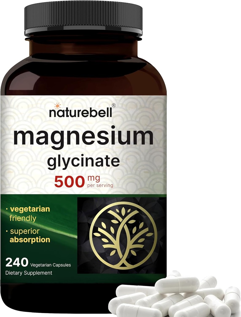 NatureBell Magnesium Glycinate 500mg, 240 Veggie Capsules | 100% Chelated & Purified | Sleep, Muscle & Nerve Support | Non-GMO, Gluten-Free
