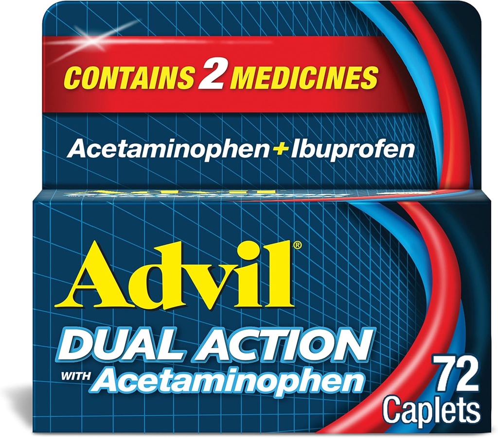Doble acción Advil Coated Caplets con Acetaminophen, 250 Mg Ibuprofeno y 500 Mg Acetaminophen Per Dose (2 Dose Equivalente) por 8 horas Alivio del dolor - 72 Cuenta