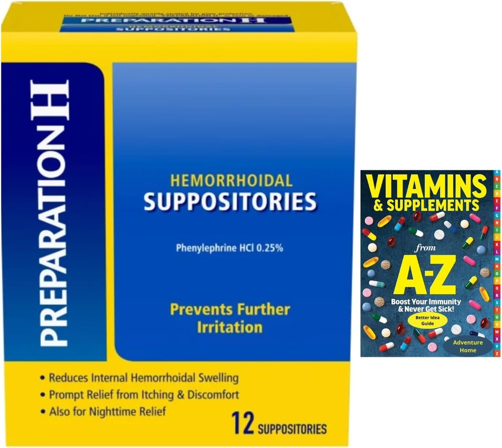 Suppositories Hemorrhoidal, Relief Daytime and Nighttime Discomfort of Hemorrhoids, 12 Count + Better Guide Free Vitamins Supplements